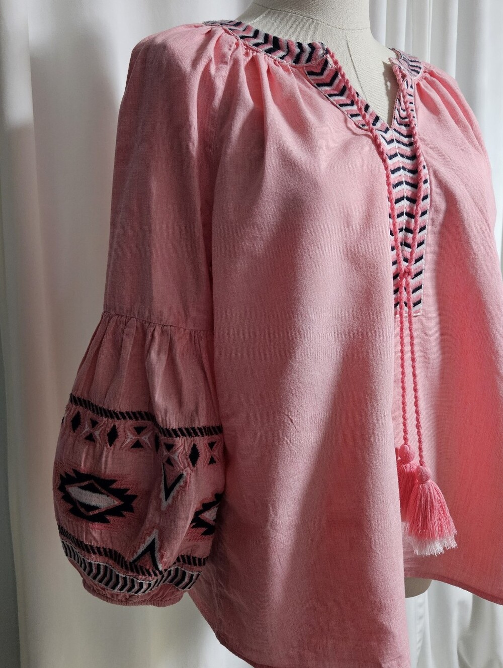 Crown & Ivy Pink Embroidered Peasant Blouse with Tassel Tiecrown